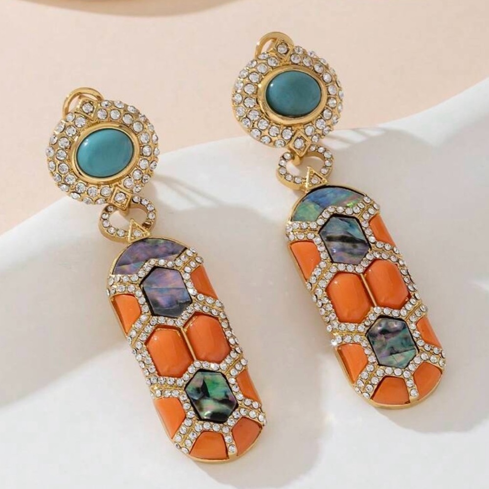 Mosaic Drop Post Earrings- Coral, Abalone & Turquoise - Gold Tone NEW - Picture 4 of 5